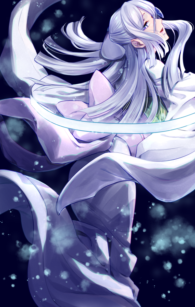1girl black_background bleach bleach:_zanpakutou_ibun_hen feet_out_of_frame highres japanese_clothes kimono lips long_hair looking_at_viewer obi parted_lips purple_eyes sash sidelocks sode_no_shirayuki solo soraao0322 white_hair white_kimono