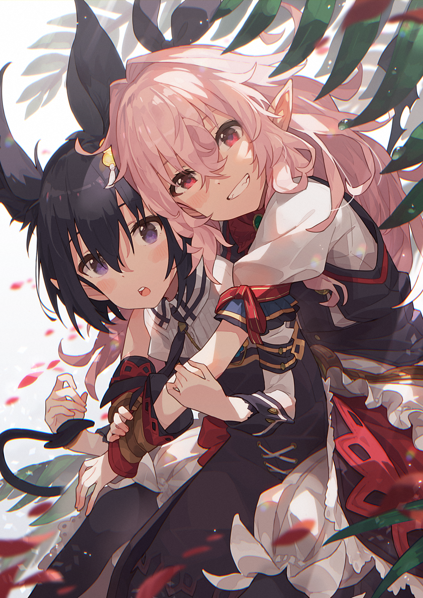 2girls animal_ear_fluff animal_ears black_hair blush commentary_request couple demon_tail dress extra_ears grin hair_between_eyes hair_intakes hair_ribbon highres hug hug_from_behind long_hair long_sleeves mano_(narumi_arata) multiple_girls narumi_arata open_mouth original pink_hair pointy_ears purple_eyes recri_(narumi_arata) red_eyes ribbon short_hair short_sleeves smile tail wrist_cuffs yuri
