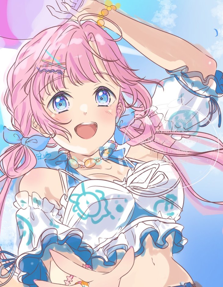 1girl :d ahoge alternate_costume anyoji_hime arm_up bare_shoulders bikini blue_bow blue_eyes blue_sky blunt_bangs blush bow breasts cleavage collarbone commentary_request hair_bow hair_intakes iroenpitsu_xxx large_breasts link!_like!_love_live! long_hair love_live! low_twintails natsumeki_pain off-shoulder_bikini off_shoulder open_mouth pink_hair sidelocks sky smile solo stomach swept_bangs swimsuit twintails unfinished upper_body virtual_youtuber watermark white_bikini