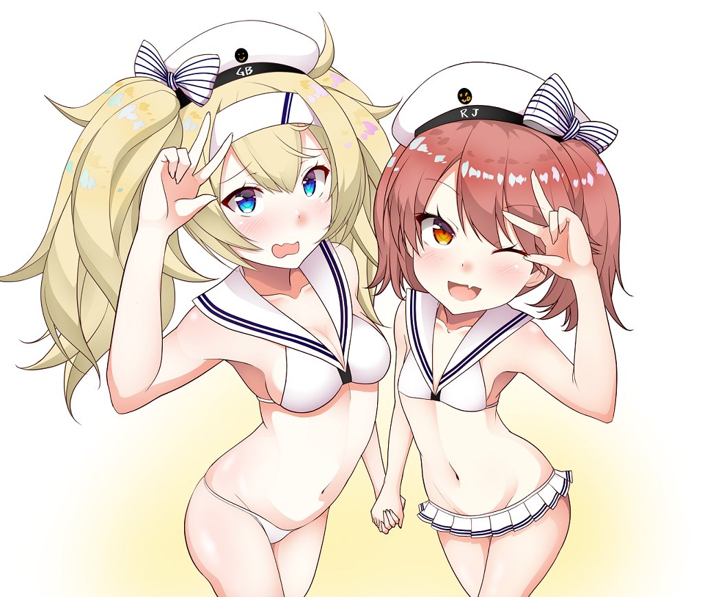 2girls alternate_costume bikini blonde_hair blue_eyes bow breasts brown_hair cleavage cosplay cowboy_shot from_above gambier_bay_(kancolle) hair_between_eyes hat hat_bow headband holding_hands kantai_collection kirigakure_(kirigakure_tantei_jimusho) multiple_girls open_mouth ryuujou_(kancolle) sailor_bikini sailor_collar sailor_hat swimsuit twintails v white_bikini white_hat yellow_eyes z1_leberecht_maass_(kancolle) z1_leberecht_maass_(kancolle)_(cosplay) z1_leberecht_maass_(swimsuit)_(kancolle) z3_max_schultz_(kancolle) z3_max_schultz_(kancolle)_(cosplay) z3_max_schultz_(swimsuit)_(kancolle)