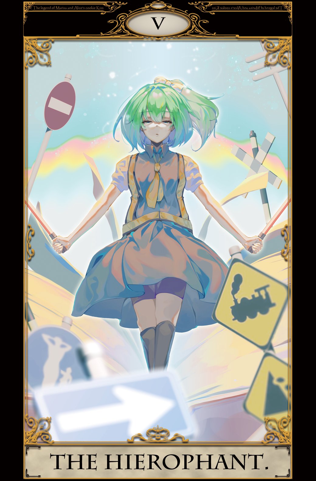 1girl beji-kun black_socks blue_eyes bow card_(medium) collared_dress collared_shirt colored_skin commentary_request cookie_(touhou) daiyousei diyusi_(cookie) dress dual_wielding falling_rocks_sign feet_out_of_frame green_hair grey_dress hair_between_eyes hair_bow half-closed_eyes high-visibility_clothing high-visibility_vest high_ponytail highres holding looking_at_viewer manatsu_no_yo_no_inmu medium_hair no_entry_sign offside:_diyusi one_way_sign open_mouth pedestrians_only_sign ponytail railroad_crossing_ahead_sign rainbow road_sign roman_numeral shirt sign sleeveless sleeveless_dress socks solo tarot tarot_(medium) the_hierophant_(tarot) touhou traffic_baton white_shirt white_skin yajuu_senpai yellow_bow