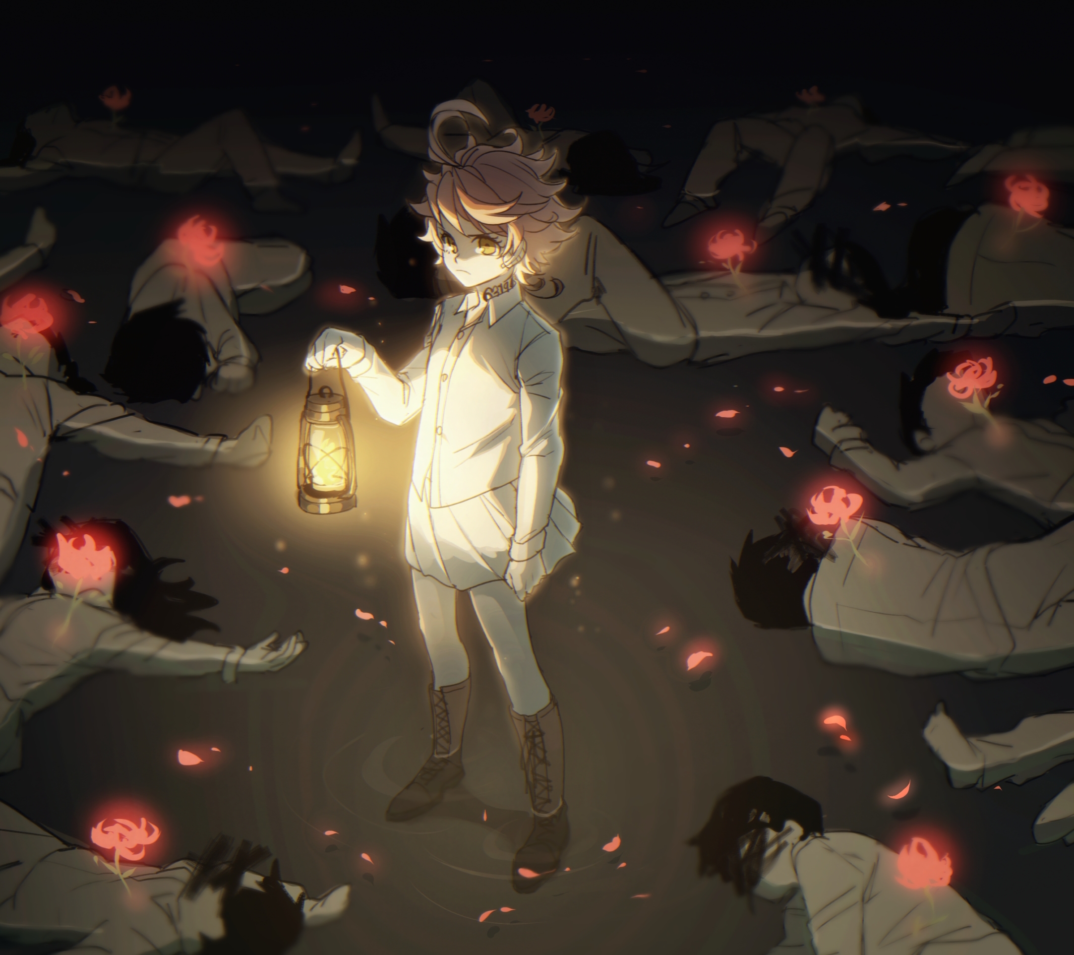 1girl ahoge arm_at_side boots censored censored_identity closed_eyes corpse dark emma_(yakusoku_no_neverland) eyelashes flower highres holding holding_lantern lantern long_sleeves neck_tattoo night number_tattoo pleated_skirt qin_(7833198) short_hair skirt solo_focus spider_lily tattoo yakusoku_no_neverland