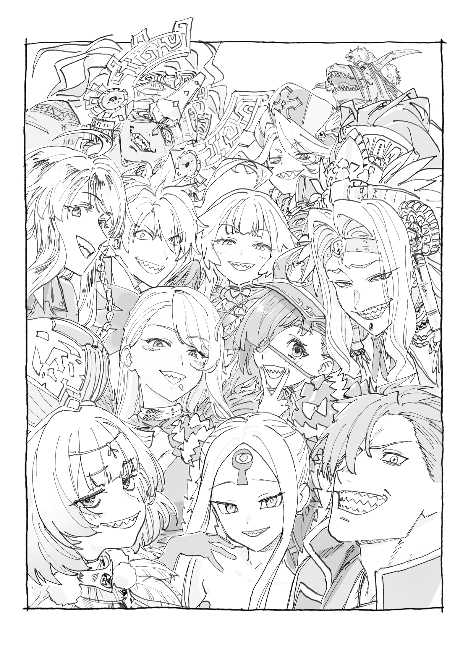 4boys 6+girls abigail_williams_(fate) abigail_williams_(swimsuit_foreigner)_(fate) ahoge braid camazotz_(fate) chin_piercing christopher-kun_(fate) christopher_columbus_(fate) dinosaur double_bun eyepatch fate/grand_order fate_(series) feather_trim grin hair_bun hair_over_one_eye hat headdress highres horns hyde_(fate) ikezawa_shin keyhole kijo_kouyou_(fate) kukulkan_(fate) lobo_(fate) locusta_(fate) long_hair louhi_(fate) monochrome mori_nagayoshi_(fate) multiple_boys multiple_girls mysterious_ranmaru_x_(fate) quetzalcoatl_(fate) sharp_teeth smile teeth trait_connection v v_over_mouth vritra_(fate) wolf