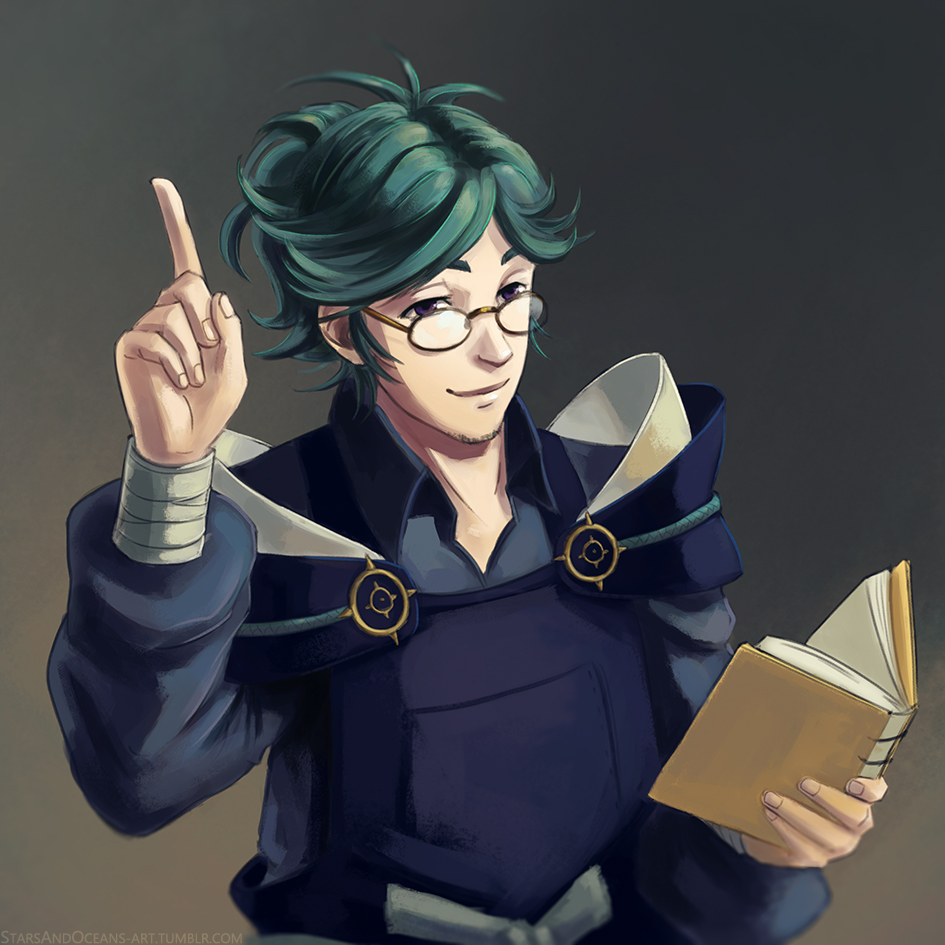 1boy book facial_hair fire_emblem fire_emblem_fates glasses green_eyes green_hair holding holding_book index_finger_raised japanese_clothes male_focus nintendo painting_(medium) simple_background solo stubble traditional_media watercolor_(medium) watermark web_address yukimura_(fire_emblem)