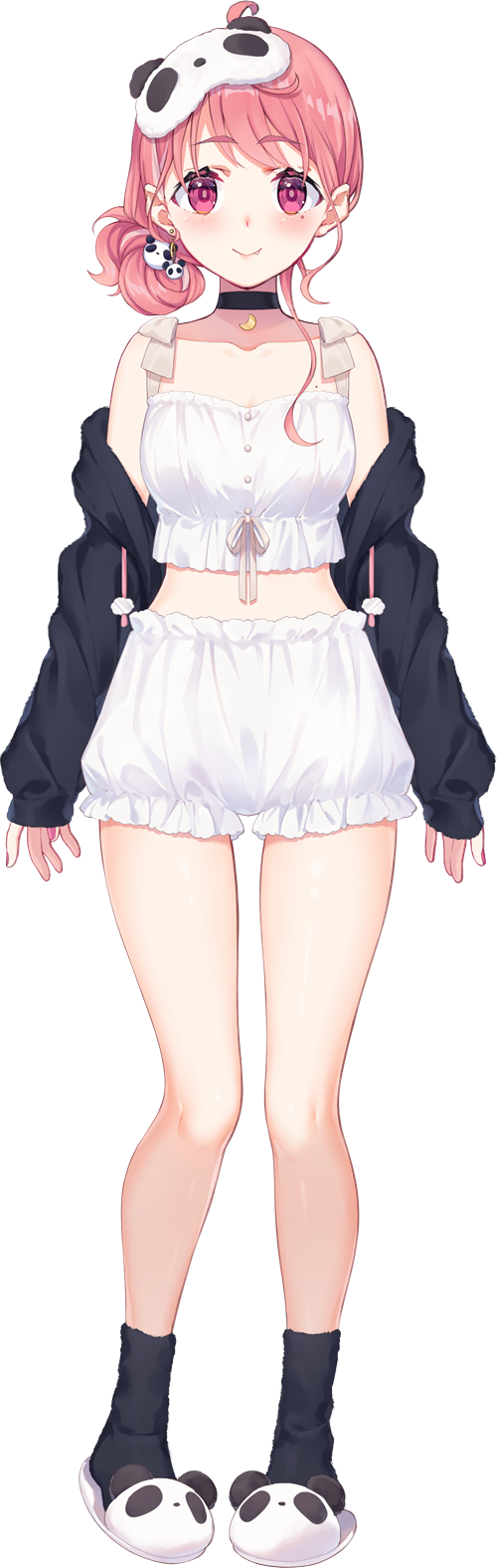 1girl ahoge animal_slippers bare_shoulders black_choker black_jacket black_socks bloomers breasts camisole choker drawstring earrings full_body highres jacket jewelry long_hair long_sleeves looking_at_viewer lq_saku mask mask_on_head midriff mole mole_on_breast mole_under_eye nijisanji off_shoulder official_alternate_costume official_art pink_hair purple_eyes sasaki_saku sasaki_saku_(8th_costume) sleep_mask slippers smile socks solo transparent_background underwear virtual_youtuber white_bloomers white_camisole