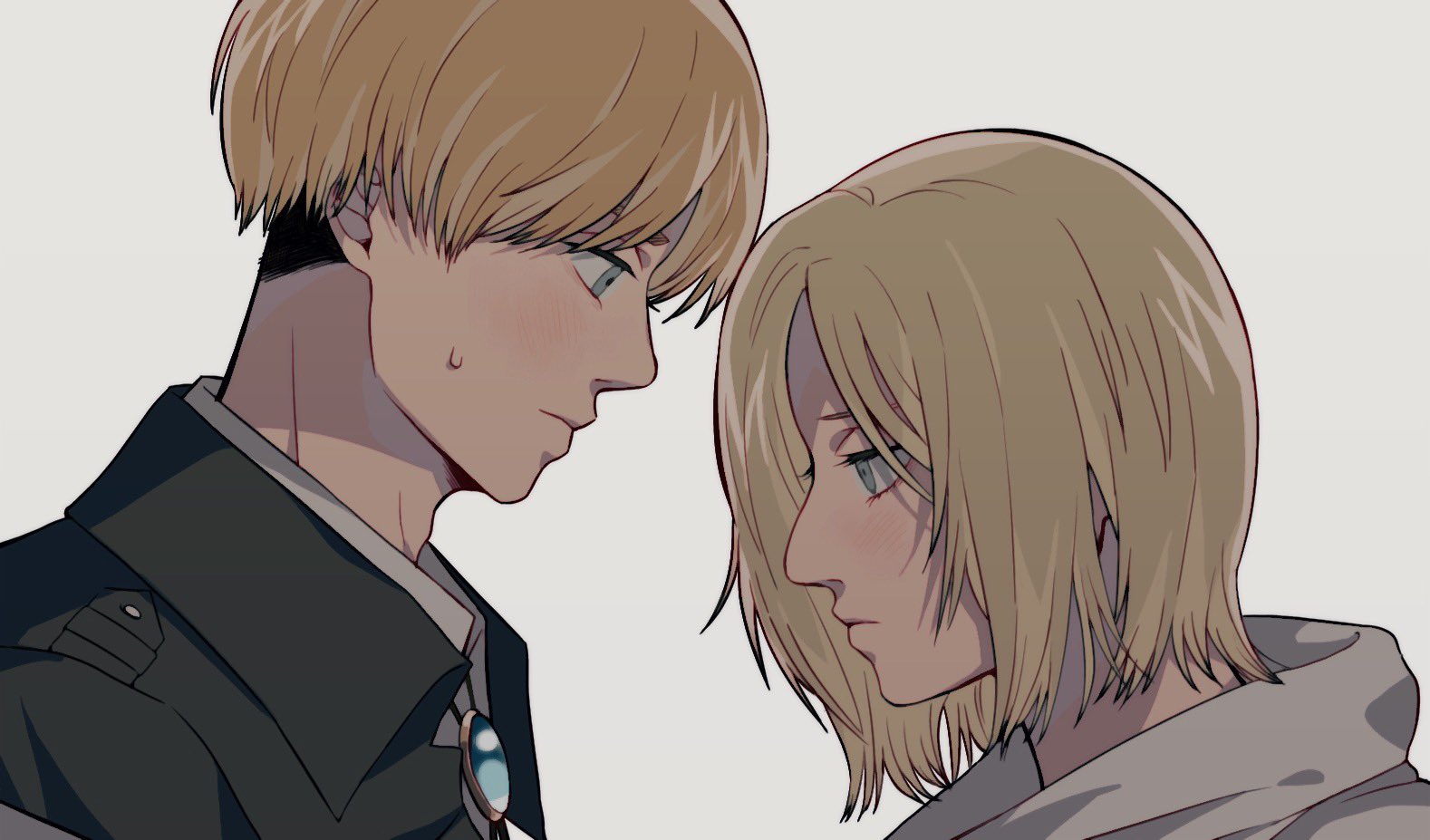 1boy 1girl annie_leonhart aquiline_nose armin_arlert blonde_hair blue_eyes commentary_request from_side frown green_jacket height_difference jacket llq9ull looking_down nose shingeki_no_kyojin sweatdrop