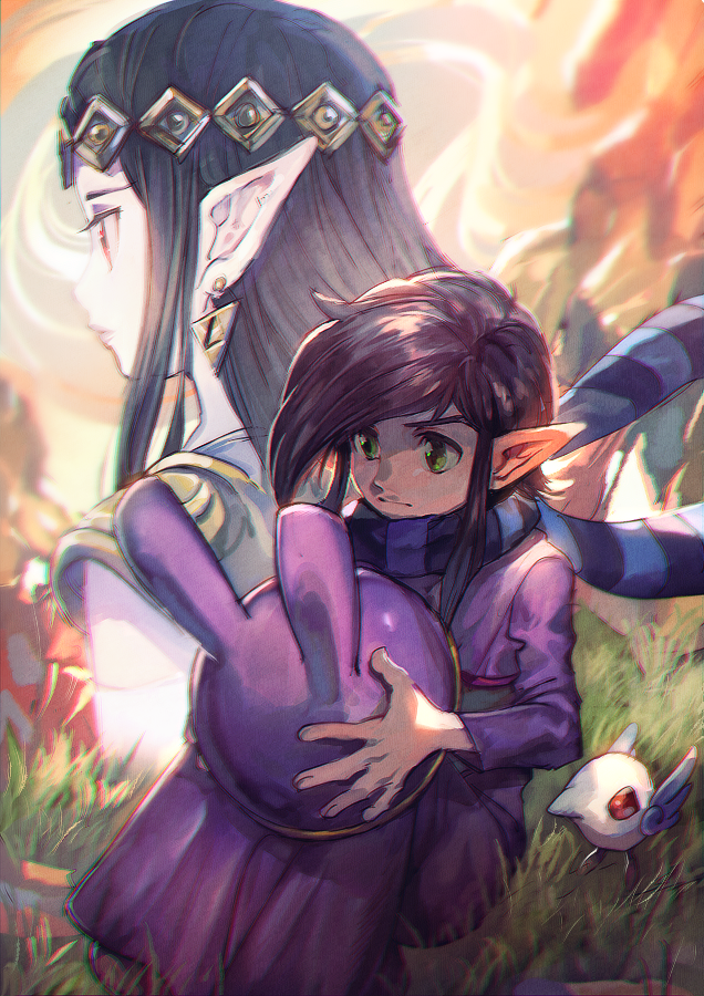 1boy 1girl aoki_(fumomo) breasts green_eyes hat lipstick long_hair looking_at_viewer makeup nintendo pointy_ears princess_hilda purple_hair ravio red_eyes scarf sheerow the_legend_of_zelda the_legend_of_zelda:_a_link_between_worlds tiara