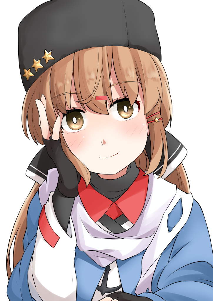 1girl black_bow black_gloves black_hat blue_shawl bow brown_eyes brown_hair fingerless_gloves fur_hat gloves hair_bow hand_on_own_cheek hand_on_own_face hat kantai_collection long_hair low_twintails okitarou_(okiyo) papakha red_shirt scarf shawl shirt simple_background solo tashkent_(kancolle) twintails white_background white_scarf