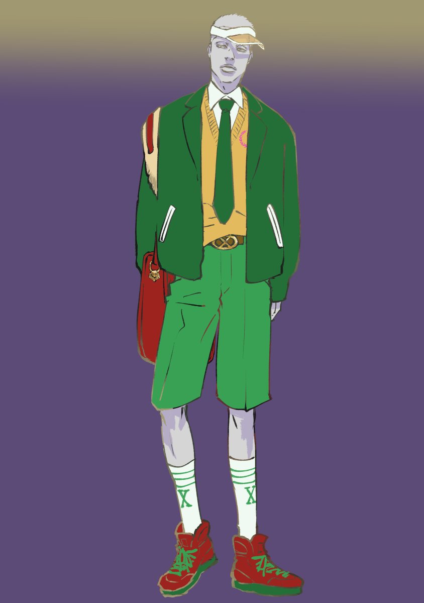 1boy bag belt bleach bleach:_sennen_kessen-hen collared_shirt full_body green_jacket hat highres jacket kneehighs kubo_tite lapels lille_barro male_focus necktie notched_lapels official_art pants quincy_(bleach) shirt shoes short_hair socks sternritter sweater sweater_vest visor_cap white_shirt