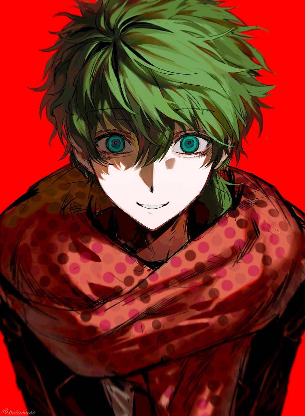 1boy black_jacket green_hair highres jacket kimi_ga_shine kuluomao lapels looking_at_viewer low_ponytail midori_(kimi_ga_shine) notched_lapels parted_lips polka_dot polka_dot_scarf ponytail red_background red_scarf scarf simple_background smile solo upper_body wide-eyed