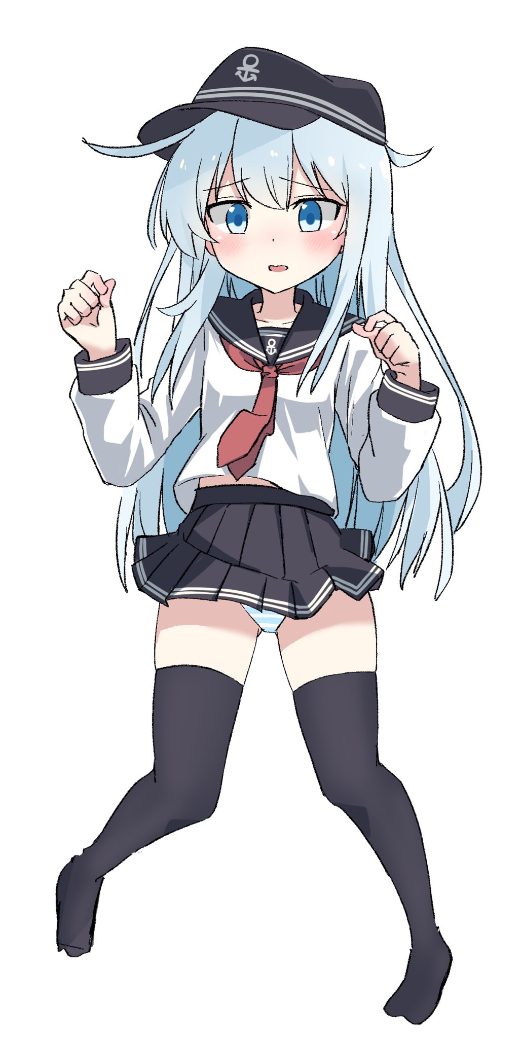 anchor_symbol aqua_hair blue_eyes blue_hair flat_cap grey_eyes grey_hair hat hibiki_(kancolle) highres horosho jumping kantai_collection light_blue_hair long_hair messy_hair neckerchief no_shoes nyanzai-sensei panties red_neckerchief sailor_collar school_uniform serafuku striped_clothes striped_panties thighhighs underwear white_hair