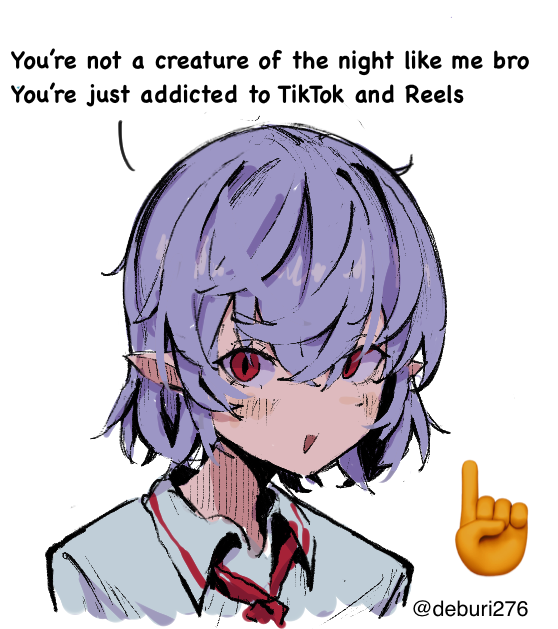 1girl artist_name ascot blush chestnut_mouth closed_mouth collared_shirt deburi276 emoji english_text hair_between_eyes pointy_ears purple_hair red_ascot red_eyes remilia_scarlet shirt short_hair simple_background slit_pupils solo speech_bubble touhou twitter_username white_background white_shirt