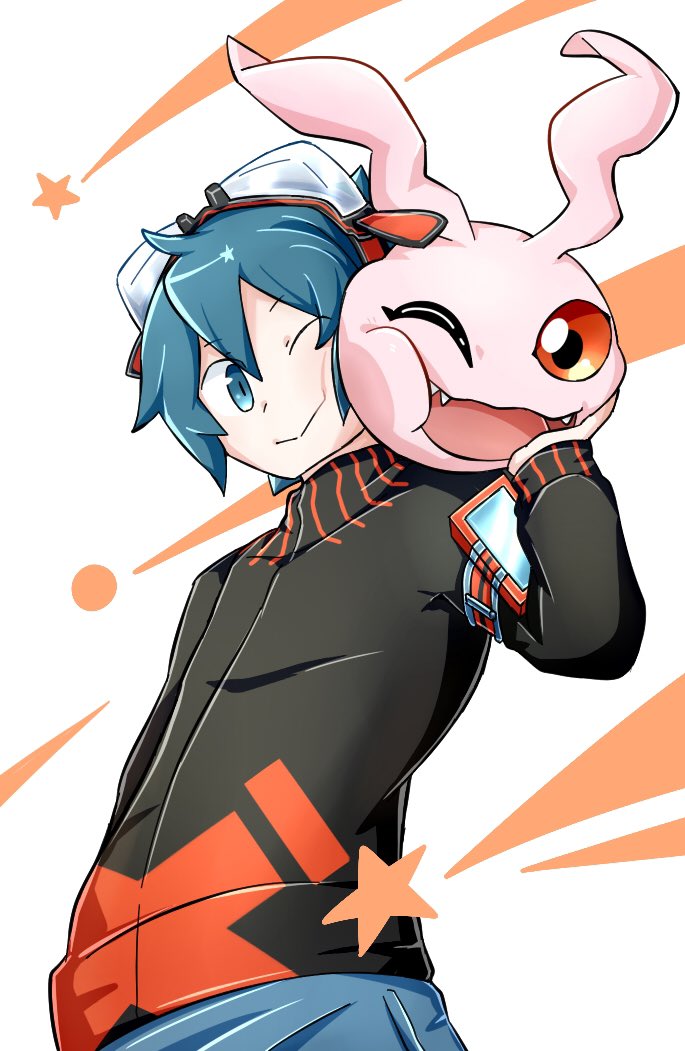 1boy black_jacket cowboy_shot digimon digimon_world_re:digitize goggles goggles_on_head green_eyes green_hair jacket kathygreyxl koromon male_focus red_eyes simple_background taiga_(digimon) white_background