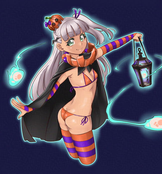 1girl alternate_costume ass bikini black_background black_cape breasts bridal_gauntlets butt_crack cape cowboy_shot cropped_legs green_eyes grey_hair halloween_costume hat hitodama jack-o&#039;-lantern_hat kantai_collection lantern maestrale_(kancolle) mini_hat one_side_up orange_bikini orange_bridal_gauntlets side-tie_bikini_bottom small_breasts smile solo striped_clothes striped_thighhighs swimsuit thighhighs udukikosuke