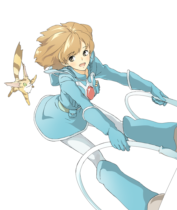 1980s_(style) 1girl boots brown_eyes brown_hair flying gloves hakuto_(artist) hiro_(dismaless) hood hoodie kaze_no_tani_no_nausicaa kitsunerisu leggings mehve nausicaa oldschool pet retro_artstyle shadow short_hair simple_background smile studio_ghibli teto_(nausicaa) white_background white_leggings