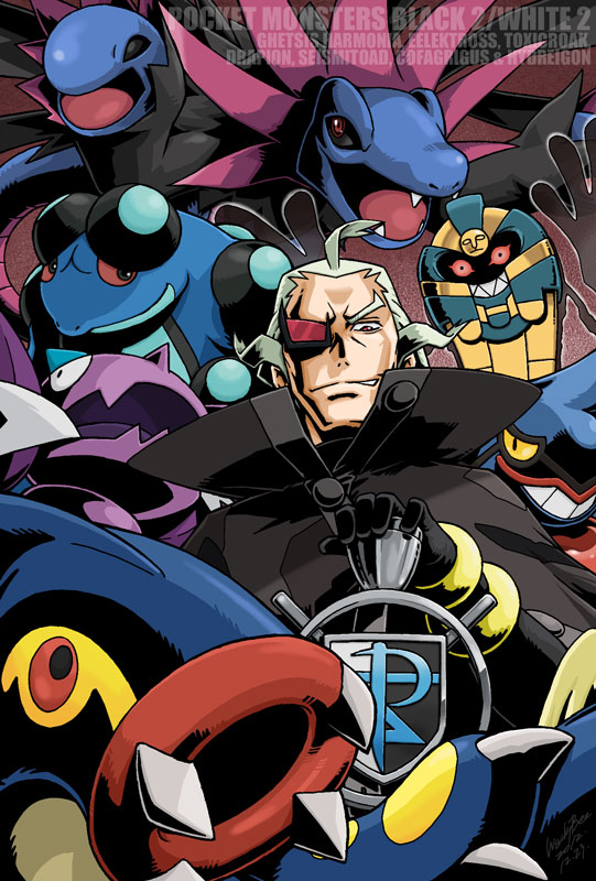 1boy black_sclera cane character_name claws cofagrigus colored_sclera copyright_name drapion eelektross fangs gen_4_pokemon gen_5_pokemon ghetsis_(pokemon) green_hair hydreigon looking_at_viewer male_focus nintendo open_mouth pokemon pokemon_(creature) pokemon_bw2 red_eyes red_sclera seismitoad sharp_teeth team_plasma teeth toxicroak wackybee yellow_sclera