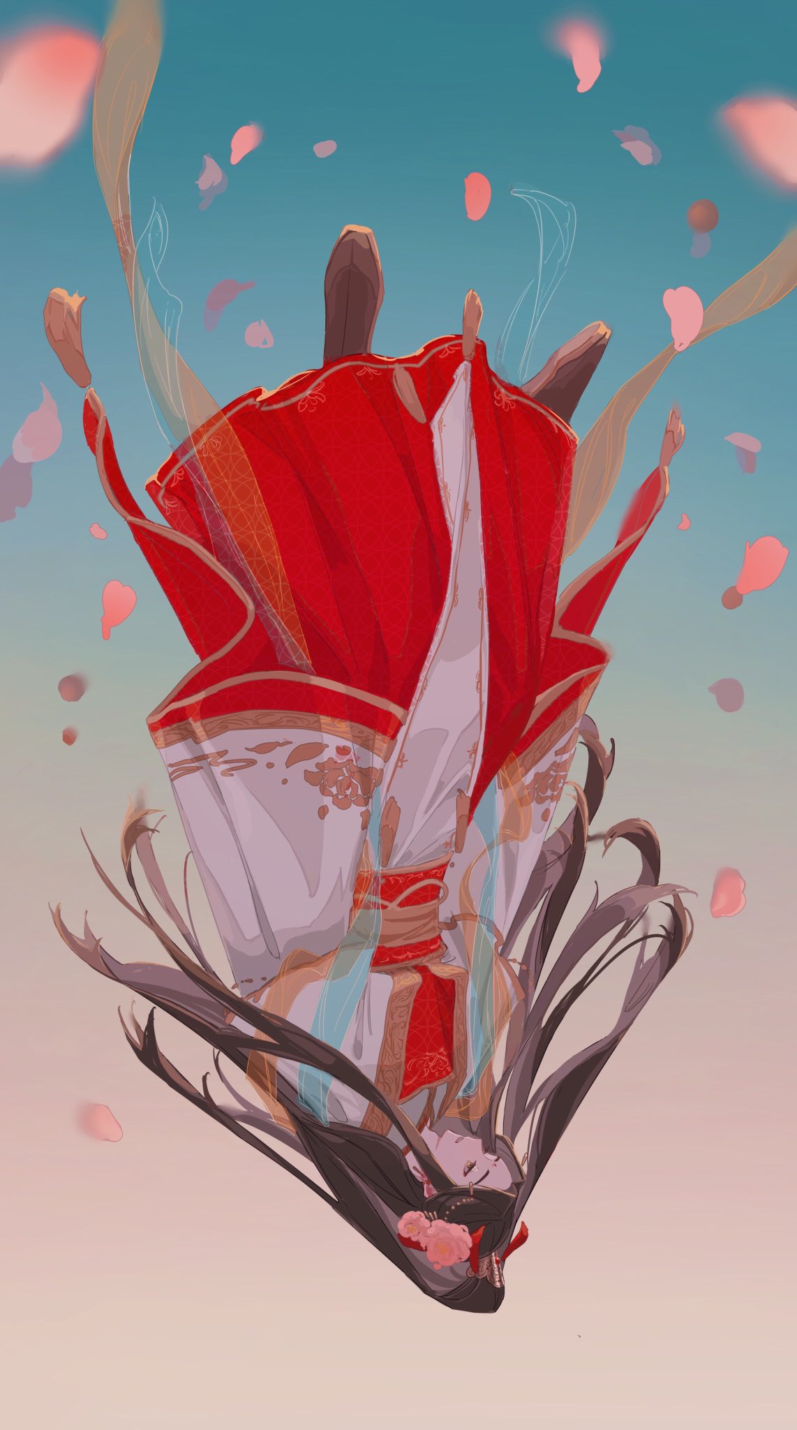 1boy black_hair black_shoes chinese_clothes earrings falling falling_petals flower full_body gradient_background hair_flower hair_ornament half_updo hanfu high_ponytail highres jewelry long_hair long_sleeves male_focus official_alternate_costume official_alternate_hairstyle petals pink_flower ponytail red_hanfu sash shawl shoes sky solo tianguan_cifu upside-down very_long_hair whale_52hz_o wide_sleeves xie_lian_(flower_crowned_martial_god)