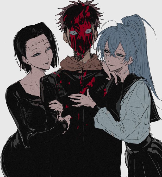 1boy 2girls arm_hug black_dress black_hair blood blood_on_clothes blood_on_face blue_hair closed_mouth dress fallsoki hand_on_another&#039;s_chest hand_on_another&#039;s_shoulder head_on_another&#039;s_shoulder itadori_kaori jujutsu_kaisen kenjaku light_blue_hair mahito_(jujutsu_kaisen) multiple_girls pink_hair pleated_skirt possessed possession school_uniform shaded_face shirt short_hair simple_background skirt stitched_face stitched_neck stitches white_background white_shirt