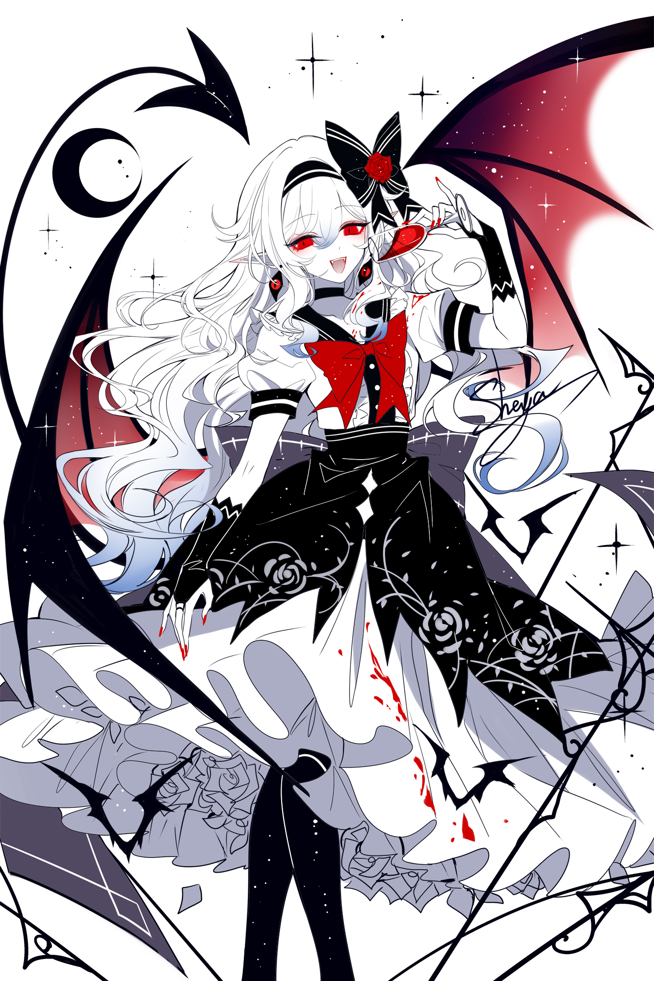 1girl :d bow choker cup drinking_glass flower hair_bow hair_flower hair_ornament hairband highres holding holding_cup limited_palette looking_at_viewer nail_polish open_mouth original pantyhose petticoat pointy_ears puffy_short_sleeves puffy_sleeves red_bow red_eyes red_flower red_nails red_rose rose sailor_collar sheya short_sleeves skirt smile solo spot_color white_background wine_glass
