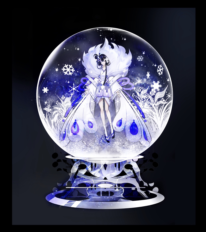 1girl black_background closed_eyes flower japanese_clothes kimono leaf long_sleeves original plant ribbon_trim shan_gui_yu_yao simple_background snow_globe snowflakes socks solo white_flower white_kimono white_socks wide_shot wide_sleeves