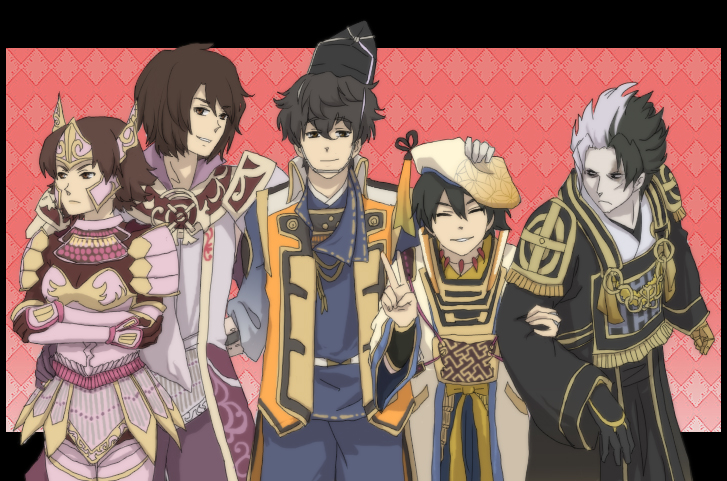 armor beret black_hair brown_eyes closed_eyes coat hand_on_another&#039;s_head hat high_collar japanese_clothes kimono kuroda_kanbei magatama magatama_necklace mouri_motonari multicolored_hair necklace sengoku_musou smile tachibana_ginchiyo tachibana_muneshige takenaka_hanbei tiara two-tone_hair v white_hair