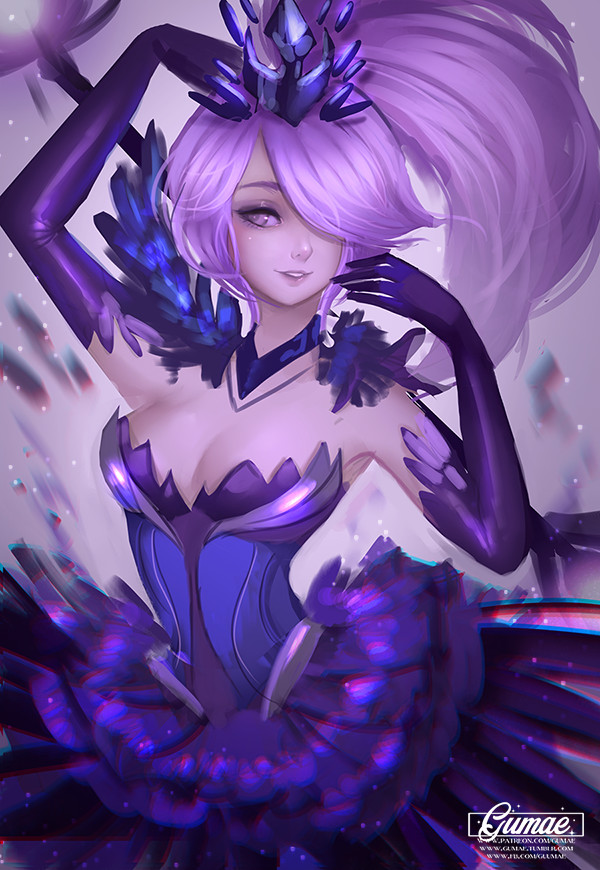 1girl alternate_costume alternate_eye_color alternate_hair_color alternate_hairstyle artist_name black_gloves breasts cleavage dark_elementalist_lux dress elbow_gloves elementalist_lux female_focus gloves gumae hair_over_one_eye league_of_legends long_hair looking_at_viewer lux_(league_of_legends) medium_breasts parted_lips ponytail purple_dress purple_eyes purple_hair solo watermark web_address