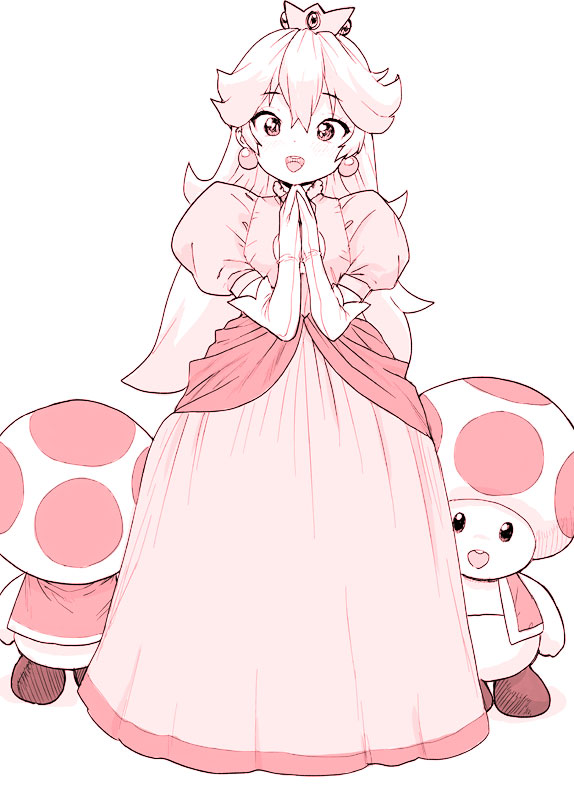1girl :d commentary_request crown dress earrings elbow_gloves full_body gloves hair_between_eyes hair_flaps jewelry long_dress long_hair looking_at_viewer mario_(series) monochrome nintendo open_mouth own_hands_together palms_together pink_theme ponsuke_(pon00000) princess_peach puffy_short_sleeves puffy_sleeves short_sleeves smile sphere_earrings standing teeth toad_(mario) upper_teeth_only white_background