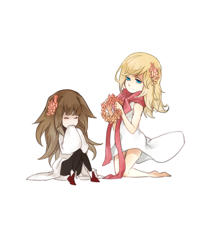 2girls barefoot brown_hair crossover cytus deemo dress flower alice_(deemo) holding holding_wreath lestored_cro multiple_girls sitting smile vanessa_(cytus) wrench