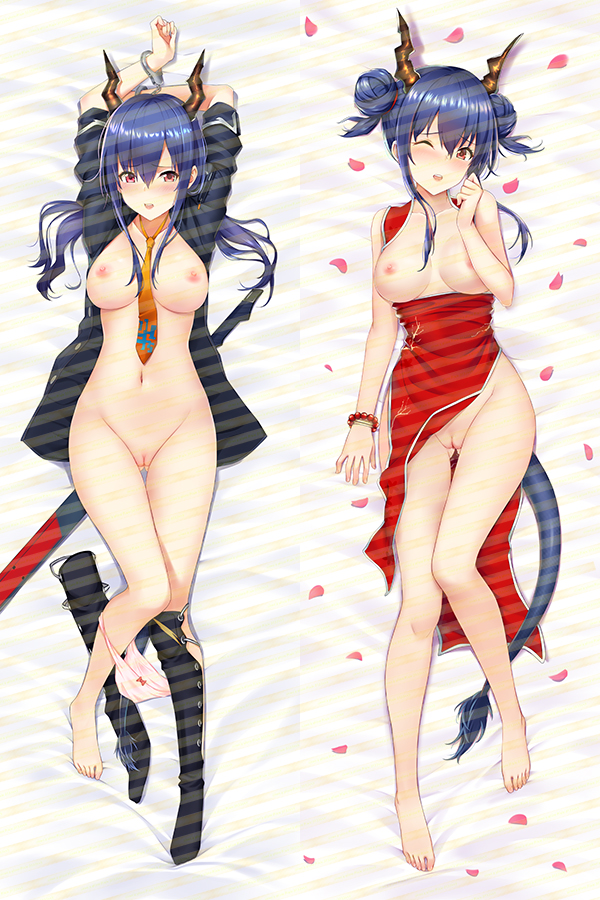 1girl arknights arms_up barefoot bead_bracelet beads bed_sheet belt black_boots black_jacket blue_belt blue_hair blush boots bow bow_panties bracelet brown_horns ch&#039;en_(ageless_afterglow)_(arknights) ch&#039;en_(arknights) china_dress chinese_clothes cirnos cleavage_cutout cleft_of_venus clothes_pull clothing_aside clothing_cutout commentary_request cuffs dakimakura_(medium) double_bun dragon_girl dragon_tail dress dress_aside dress_pull eastern_dragon_horns full_body groin hair_between_eyes hair_bun hand_up handcuffs horns jacket jewelry knees_together_feet_apart long_bangs long_hair long_sidelocks looking_at_viewer low_twintails lying multiple_views naked_jacket navel nipples on_back one_eye_closed open_clothes open_jacket open_mouth panties panties_around_leg petals pink_panties pussy red_bow red_dress red_eyes short_hair_with_long_locks side_slit sidelocks sleeves_rolled_up swept_bangs sword tail teeth thigh_boots twintails underwear unworn_boots upper_teeth_only watermark watermark_grid weapon