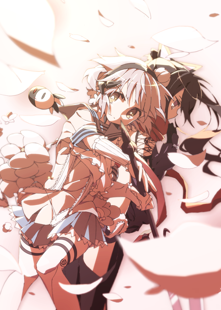 2girls black_hair blurry boro_(tn-boro) depth_of_field falling_petals fav_(mahoiku) frown hairband holding holding_weapon mahou_shoujo_ikusei_keikaku mahou_shoujo_ikusei_keikaku_unmarked multiple_girls petals pink_hair pleated_skirt ripple_(mahoiku) school_uniform short_hair skirt snow_white_(mahoiku) thighhighs weapon white_legwear yellow_eyes