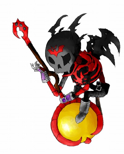 digimon digimon_(creature) lowres mark_of_evil no_humans skullsatamon solo staff wings