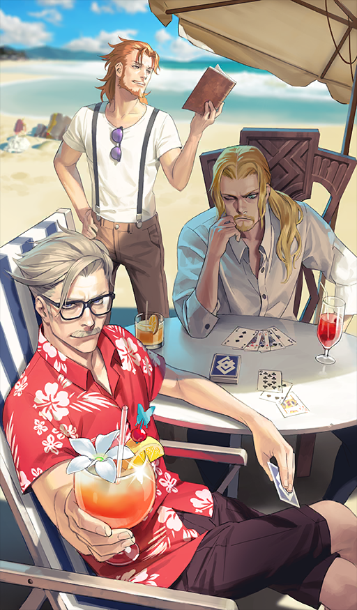 1girl 3boys beach beach_chair beach_umbrella beard black-framed_eyewear black_shorts blonde_hair blue_sky blurry blurry_background book brown_pants bug butterfly card chair charles_babbage_(fate) cherry cloud commentary cup curtained_hair day deck_of_cards diffraction_spikes drinking_glass drinking_straw facial_hair fate/grand_order fate_(series) floral_print flower food frankenstein&#039;s_monster_(fate) frown fruit full_beard glasses glint goatee grey_hair hawaiian_shirt holding holding_book holding_card holding_cup insect james_moriarty_(archer)_(fate) james_moriarty_(king_joker_jack)_(fate) lemon lemon_slice light_smile looking_at_viewer low_ponytail male_focus medium_hair mountainous_horizon multiple_boys mustache non-humanoid_robot ocean official_art one_eye_closed open_book orange_(fruit) orange_hair orange_slice outdoors pants partially_unbuttoned playing_card ponytail red_shirt robot rocks_glass sand shirt short_hair short_sleeves shorts sidelocks sitting sky snifter_glass standing sunglasses sunlight suspenders table third-party_source tropical_drink umbrella unbuttoned unbuttoned_shirt unworn_eyewear vlad_iii_(fate/apocrypha) vlad_iii_(king_joker_jack)_(fate) white_flower white_shirt william_shakespeare_(fate) william_shakespeare_(king_joker_jack)_(fate) yuu_kikuchi