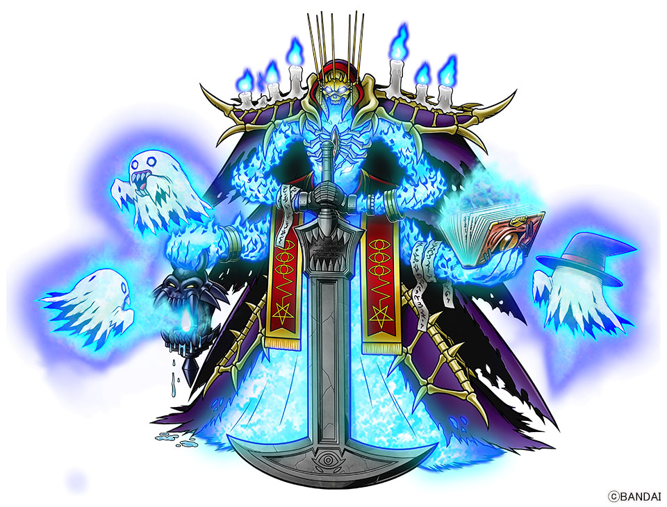 bakemon blue_fire book candle digimon digimon_liberator extra_arms fire full_body ghost holding holding_book holding_lantern holding_sword holding_weapon lantern necromon official_art simple_background solo_focus soulmon sword weapon white_background