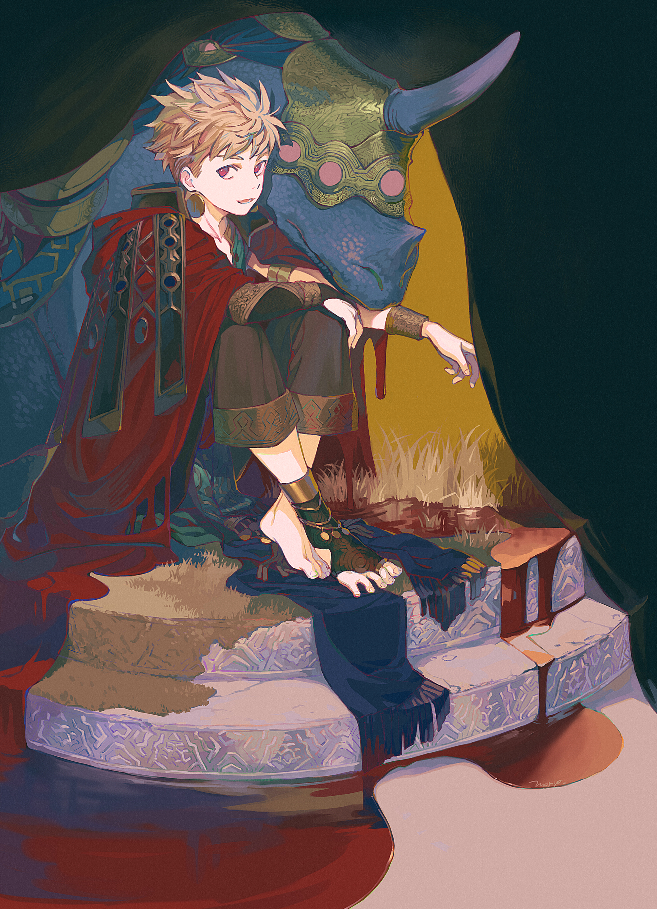 1boy armband barefoot blood bracer cloak dripping earrings fingernails grass highres jewelry lower_teeth_only monster moryo open_mouth original puddle red_cloak red_eyes sitting smile teeth toenails