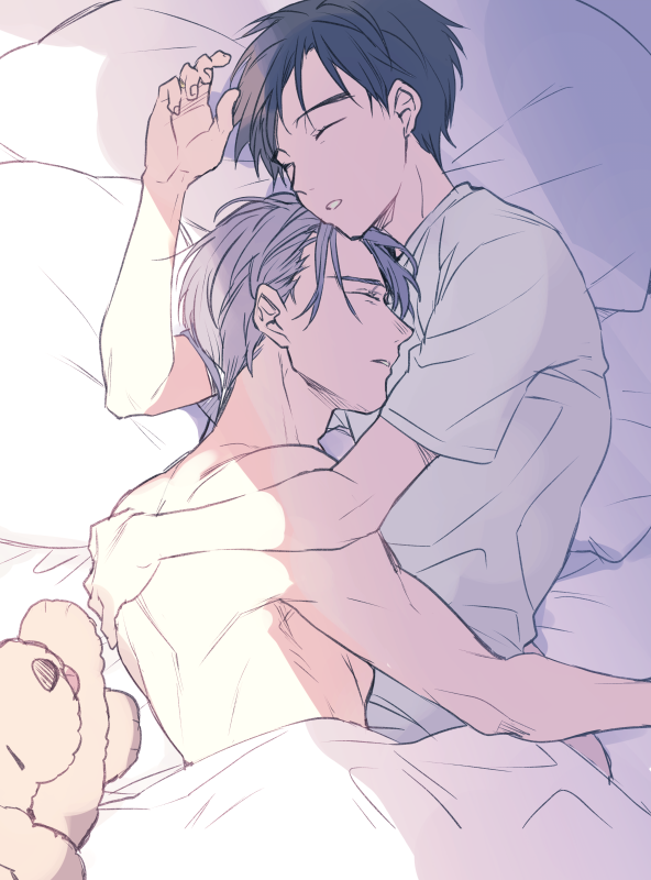2boys black_hair dog closed_eyes hug katsuki_yuuri kuroemon lying makkachin male_focus multiple_boys on_side parted_lips pillow shirt topless_male silver_hair sleeping t-shirt under_covers viktor_nikiforov yaoi yuri!!!_on_ice