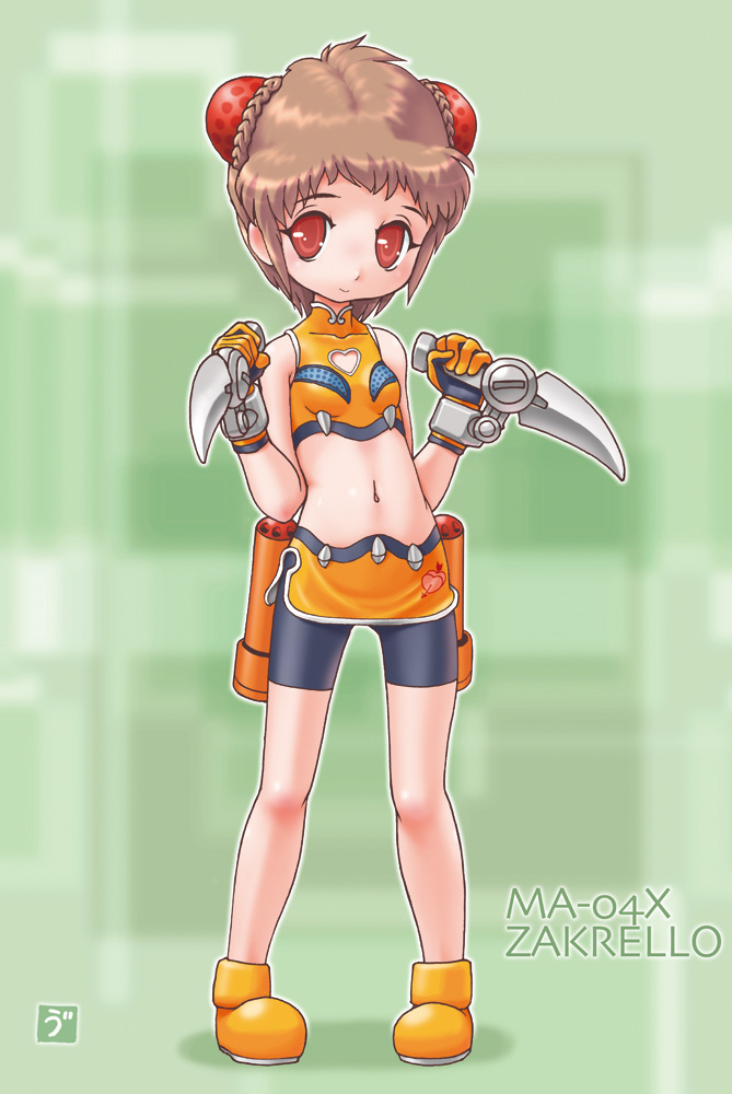 1girl bike_shorts brown_hair bun_cover cleavage_cutout clothing_cutout dual_wielding fangs female_focus gloves gundam heart heart_cutout holding mecha_musume mobile_suit_gundam navel personification pigeon-toed red_eyes short_hair sickle signature solo uni_tenten zakrello