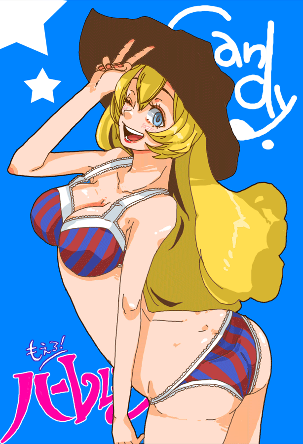1girl ass bad_id bad_pixiv_id blonde_hair blue_eyes bra cowboy_hat cowboy_western female_focus hat lingerie one_eye_closed original panties solo striped_clothes striped_panties ten ten_(ch) underwear underwear_only v wink