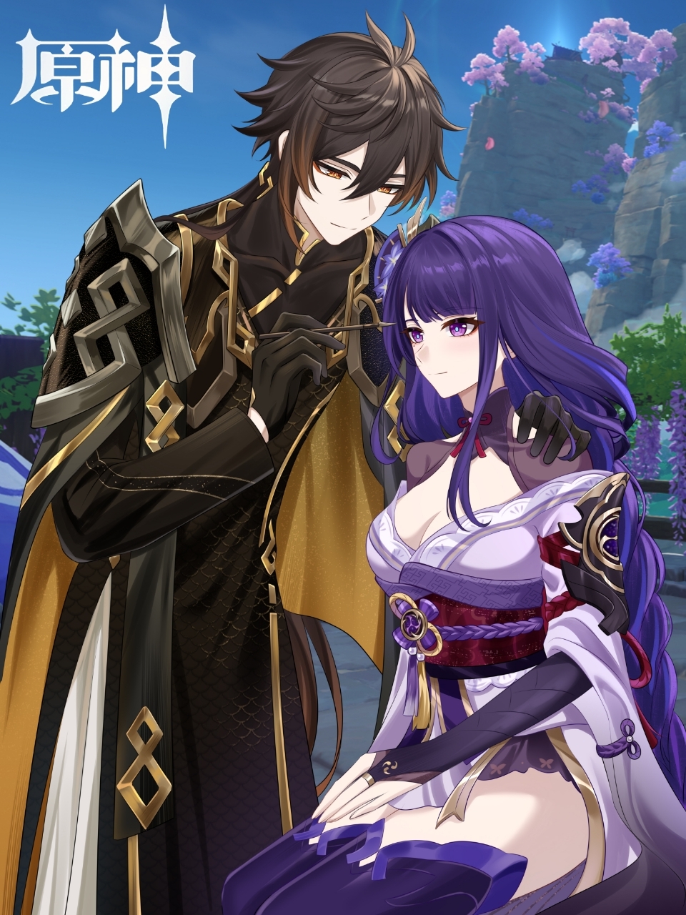 1boy 1girl applying_makeup armor asymmetrical_sleeves black_gloves blue_pupils blunt_bangs braid breasts bridal_gauntlets brown_eyes brown_hair brown_suit chinese_clothes chinese_commentary chinese_text cleavage closed_mouth clothing_cutout couple fan_hair_ornament feizhoudaqiuzhangperper flower_ornament formal_clothes from_side genshin_impact gloves gradient_hair hair_between_eyes hair_ornament hand_on_another&#039;s_shoulder hetero highres holding holding_brush japanese_clothes kimono large_breasts light_blush long_braid long_hair long_sleeves looking_down makeup_brush mitsudomoe_(shape) mole mole_under_eye multicolored_hair neck_ribbon off_shoulder official_alternate_costume outdoors panties purple_eyes purple_hair purple_kimono purple_panties purple_thighhighs raiden_shogun red_ribbon red_sash ribbon sash shade shoulder_armor shoulder_cutout single_braid sitting suit thighhighs thighs tomoe_(symbol) underwear uneven_sleeves zhongli_(genshin_impact)