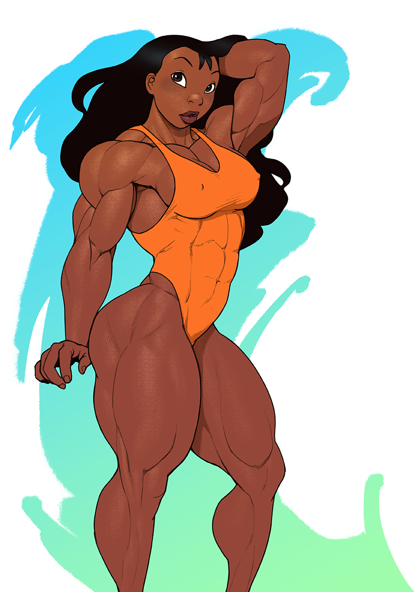abs arm_up black_hair breasts covered_erect_nipples dark-skinned_female dark_skin feet_out_of_frame lilo_&amp;_stitch long_hair muscular muscular_female nani_pelekai one-piece_swimsuit orange_one-piece_swimsuit pokkuti simple_background swimsuit thick_thighs thighs