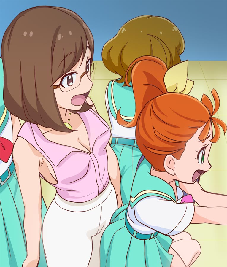 4girls aozora_middle_school_uniform breasts brown_eyes brown_hair cleavage glasses green_skirt hair_ribbon haruyama_kazunori ichinose_minori jewelry medium_breasts multiple_girls natsuumi_manatsu necklace open_mouth orange_hair pants pink_shirt pleated_skirt precure ribbon sakuragawa_saki school_uniform shirt short_hair side_ponytail sideboob skirt sleeveless sleeveless_shirt tropical-rouge!_precure white_pants yellow_ribbon