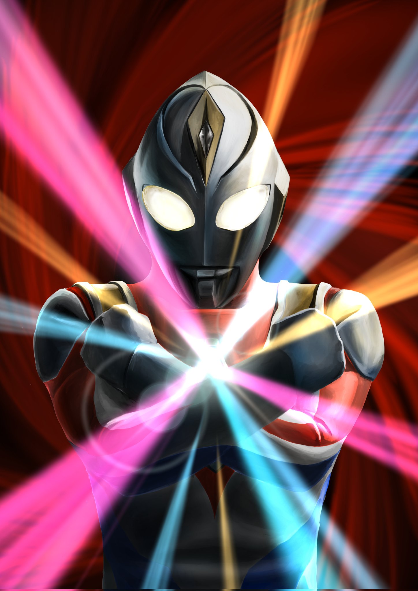 1boy alien armor blue_skin breastplate clenched_hands color_timer colored_lights colored_skin commentary compound_eyes crossed_wrists diffraction_spikes dorsal_fin forehead_jewel gattyo gem glowing glowing_chest glowing_eyes hands_up hashtag-only_commentary highres looking_down male_focus multicolored_skin red_background red_skin silver_skin solo standing tokusatsu transformation ultra_series ultraman_dyna ultraman_dyna_(flash_type) ultraman_dyna_(series) upper_body vortex white_eyes