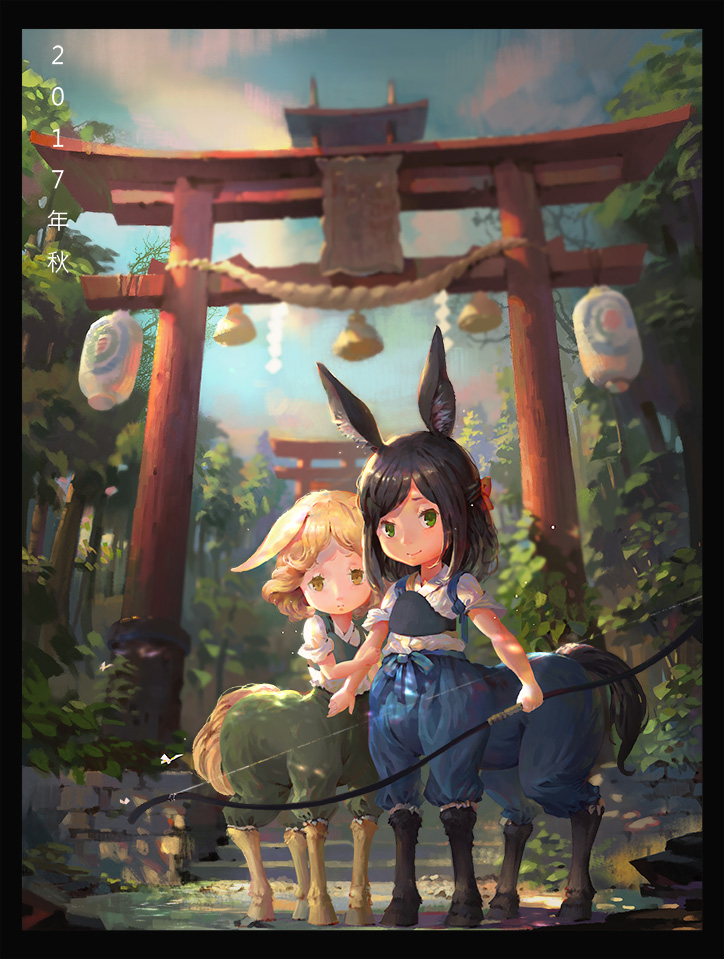 2girls animal_ears archery arm_hug armor black_hair blonde_hair blue_bodysuit bodysuit bow_(weapon) breastplate centaur centaur_no_nayami child cloud full_body green_bodysuit green_eyes hooves horse_ears horse_tail japanese_clothes kyuudou lantern maki_(centaur_no_nayami) monster_girl multiple_girls muneate nature outdoors paper_lantern psi_(583278318) shino_(centaur_no_nayami) shirt short_hair sky smile stairs tail taur torii tree weapon white_shirt yellow_eyes