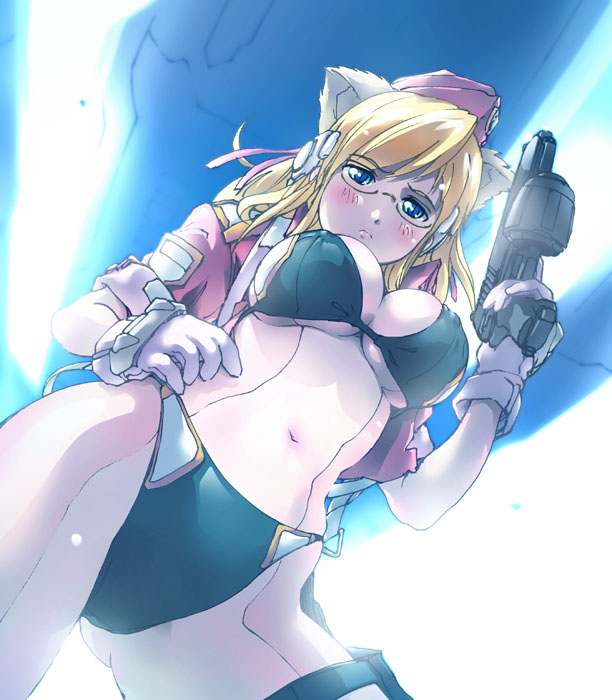 1girl animal_ears bikini blonde_hair blue_eyes blush breasts cat_ears cat_girl covered_erect_nipples female_focus glasses gun handgun large_breasts looking_at_viewer looking_down navel original perspective pistol solo string_bikini swimsuit washio_naohiro weapon
