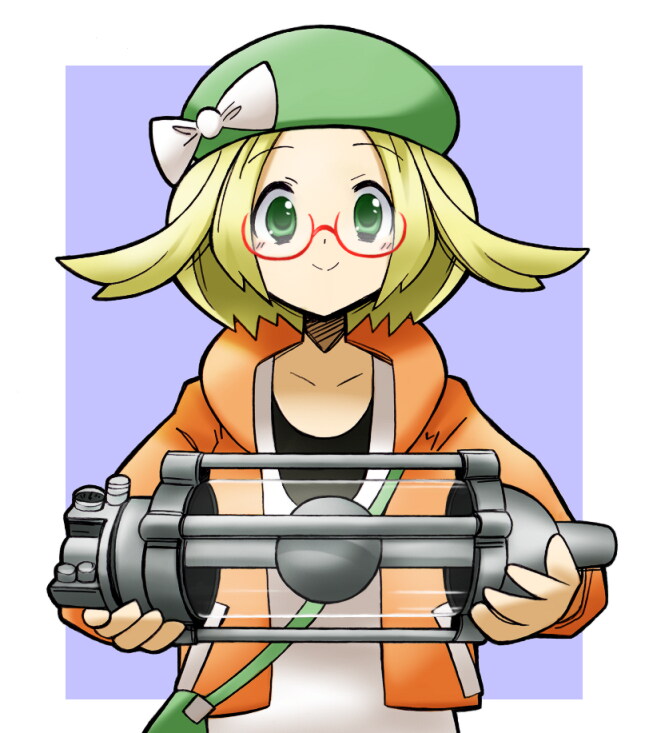 1girl bag bianca_(pokemon) blonde_hair bow chemical_weapon collarbone glasses godzilla_(1954_movie) godzilla_(series) green_bag green_eyes green_hat handbag hat hat_bow holding jacket long_sleeves looking_at_viewer nintendo open_clothes open_jacket orange_jacket oxygen_destroyer pokemon pokemon_bw2 rascal_(feuille) red-framed_eyewear semi-rimless_eyewear short_hair smile solo split_mouth straight-on under-rim_eyewear weapon weapon_of_mass_destruction white_bow
