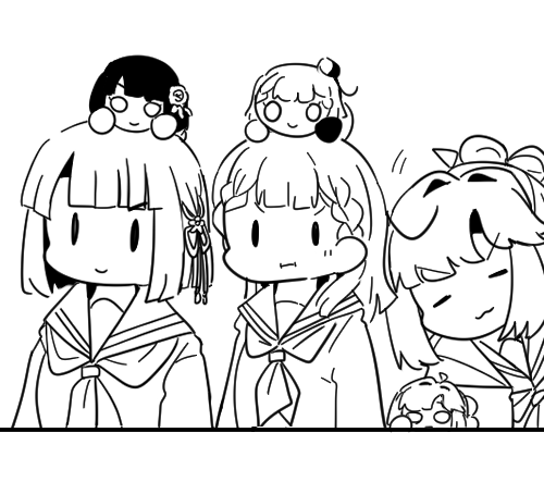3girls :3 :i anyoji_hime blunt_bangs blunt_ends bob_cut braid center-flap_bangs closed_eyes closed_mouth commentary doll_on_head flower flower_knot greyscale hair_flower hair_intakes hair_ornament hashtag-only_commentary hasu_no_sora_school_uniform hayama_fuka hood hooded_jacket jacket kachimachi_kosuzu kiruzzy kurusu_rin link!_like!_love_live! love_live! lowres momose_ginko monochrome multiple_girls neckerchief nesoberi open_clothes open_jacket sailor_collar sakurai_hina school_uniform side_ahoge side_braids sidelocks simple_background smile v-shaped_eyebrows voice_actor_connection white_background winter_uniform