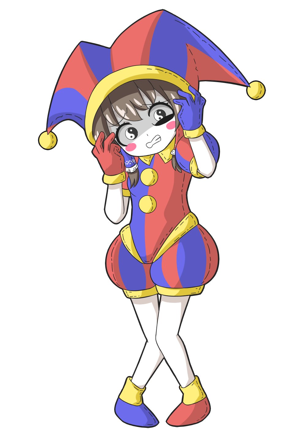 1girl alternate_costume asymmetrical_gloves blue_gloves blue_hat blush_stickers brown_hair commentary cosplay frilled_hair_tubes frills gloves hair_tubes hakurei_reimu hands_on_own_head hat hat_bell highres jester jester_cap jester_costume mismatched_gloves multicolored_hat pomni_(the_amazing_digital_circus) pomni_(the_amazing_digital_circus)_(cosplay) puffy_sleeves red_gloves red_hat solo striped_clothes striped_headwear symbol-shaped_pupils the_amazing_digital_circus touhou vertical-striped_bodysuit vertical-striped_clothes vertical-striped_headwear white_background yin_yang zenji029