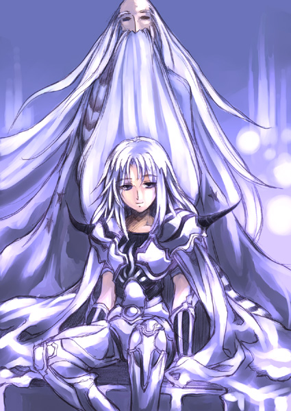 1990s_(style) 2boys armor beard blue_eyes blurry blurry_background breastplate cape cecil_harvey facial_hair final_fantasy final_fantasy_iv fusoya gauntlets grey_hair horns kouno_hikaru long_beard long_hair looking_at_viewer male_focus multiple_boys purple_theme retro_artstyle robe shoulder_pads sitting spoilers uncle_and_nephew white_hair