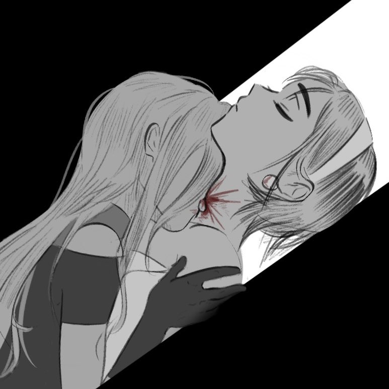 2girls alien_stage blood blood_on_neck closed_eyes clothing_cutout commentary corpse dress earrings english_commentary gloves hairband jewelry licking licking_another&#039;s_neck long_hair mizi_(alien_stage) motii multiple_girls short_hair shoulder_cutout spot_color sua_(alien_stage) tongue yuri
