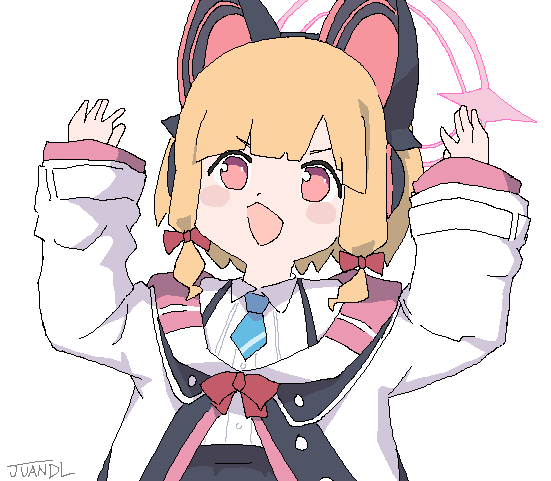 1girl animal_ears artist_name aw_shit_nigga_(meme) blonde_hair blue_archive blush canned_juan fake_animal_ears hair_ribbon halo headphones jacket meme microsoft_paint_(medium) microsoft_paint_(software) mmmkawaine_(style) momoi_(blue_archive) parody pink_eyes racist_momoi_(meme) ribbon school_uniform short_hair signature