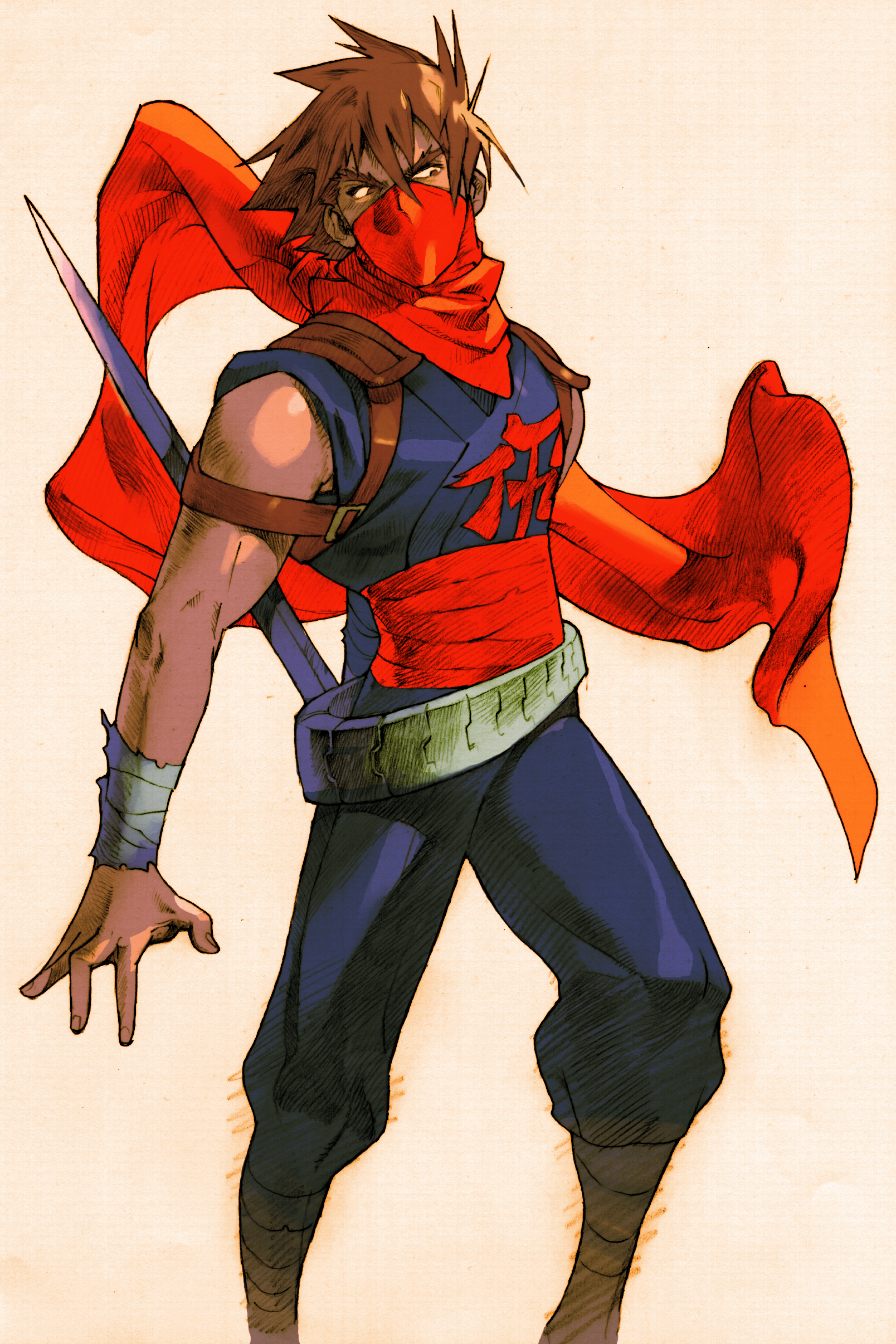 1boy absurdres bengus brown_eyes brown_hair game_cg highres looking_to_the_side male_focus marvel_vs._capcom marvel_vs._capcom_2 mask mouth_mask muscular ninja non-web_source official_art red_mask red_scarf scan scarf simple_background solo standing strider_(video_game) strider_hiryuu wrist_wrap